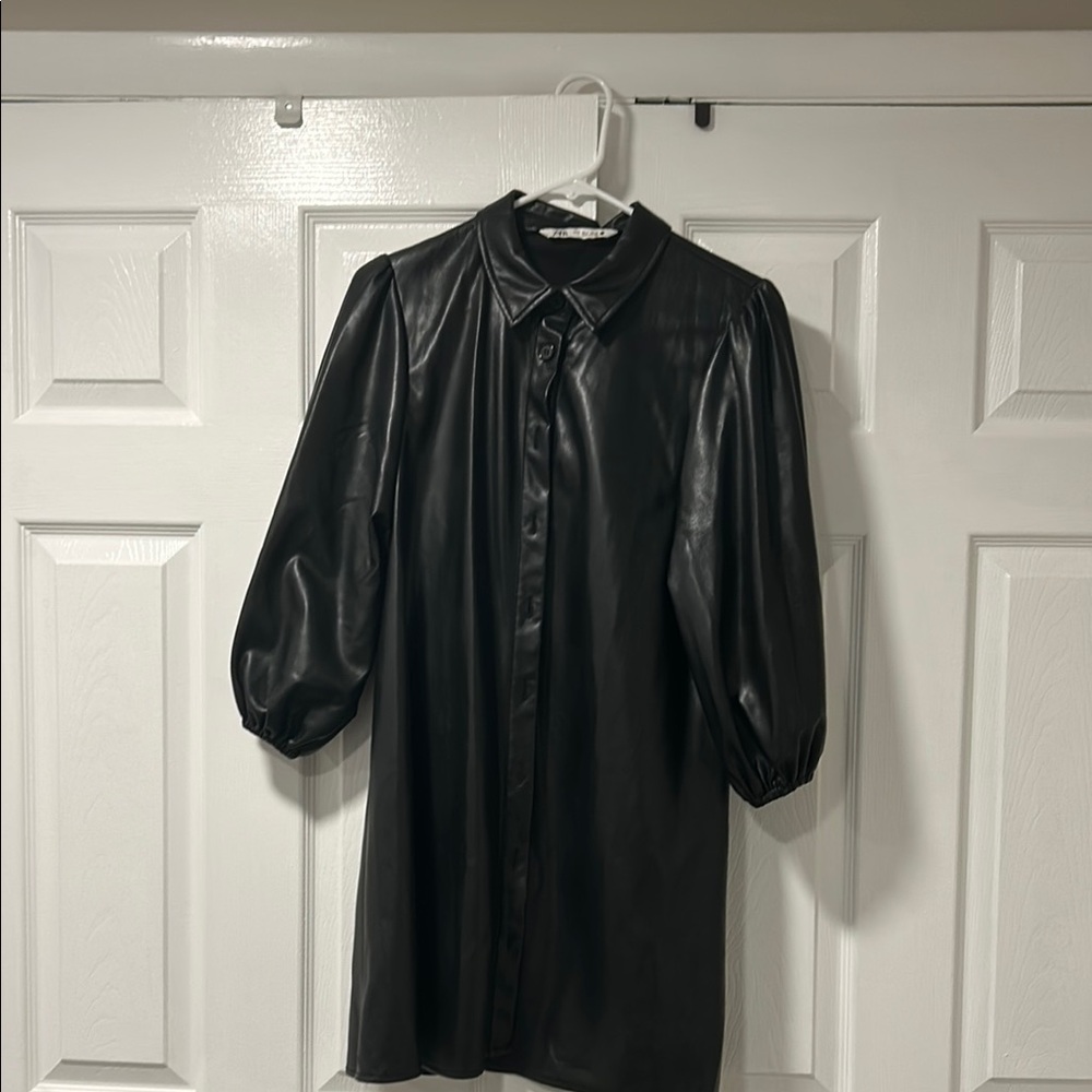 Black Faux Leather Button-Up Dress